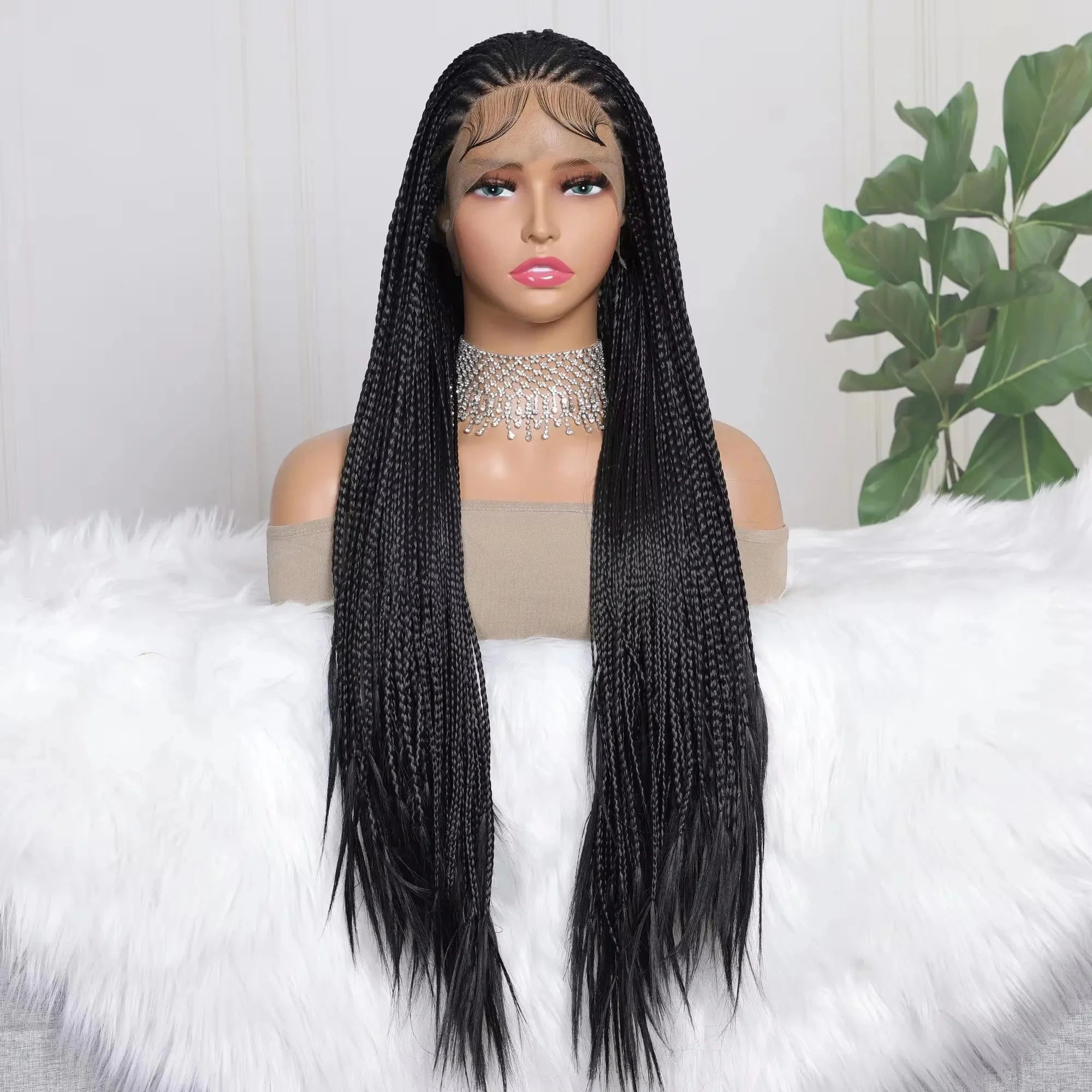 13x4 Goddess Faux Locs Braided Wig | Knotless Twist Box Braids | Long Synthetic Lace Front | Bleached Knots