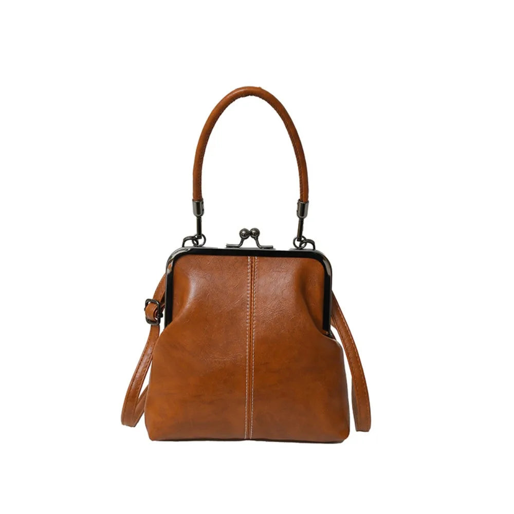 Elegant Kiss Lock Shoulder Bag | Large Capacity Retro Chinese Style Crossbody Bag & PU Leather Solid Color Vintage Women's Handbag