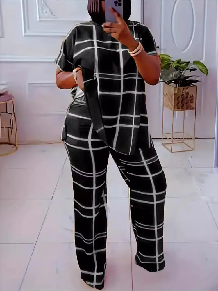Elements Striped Grid Printed Casual Round Neck  Two Piece Set