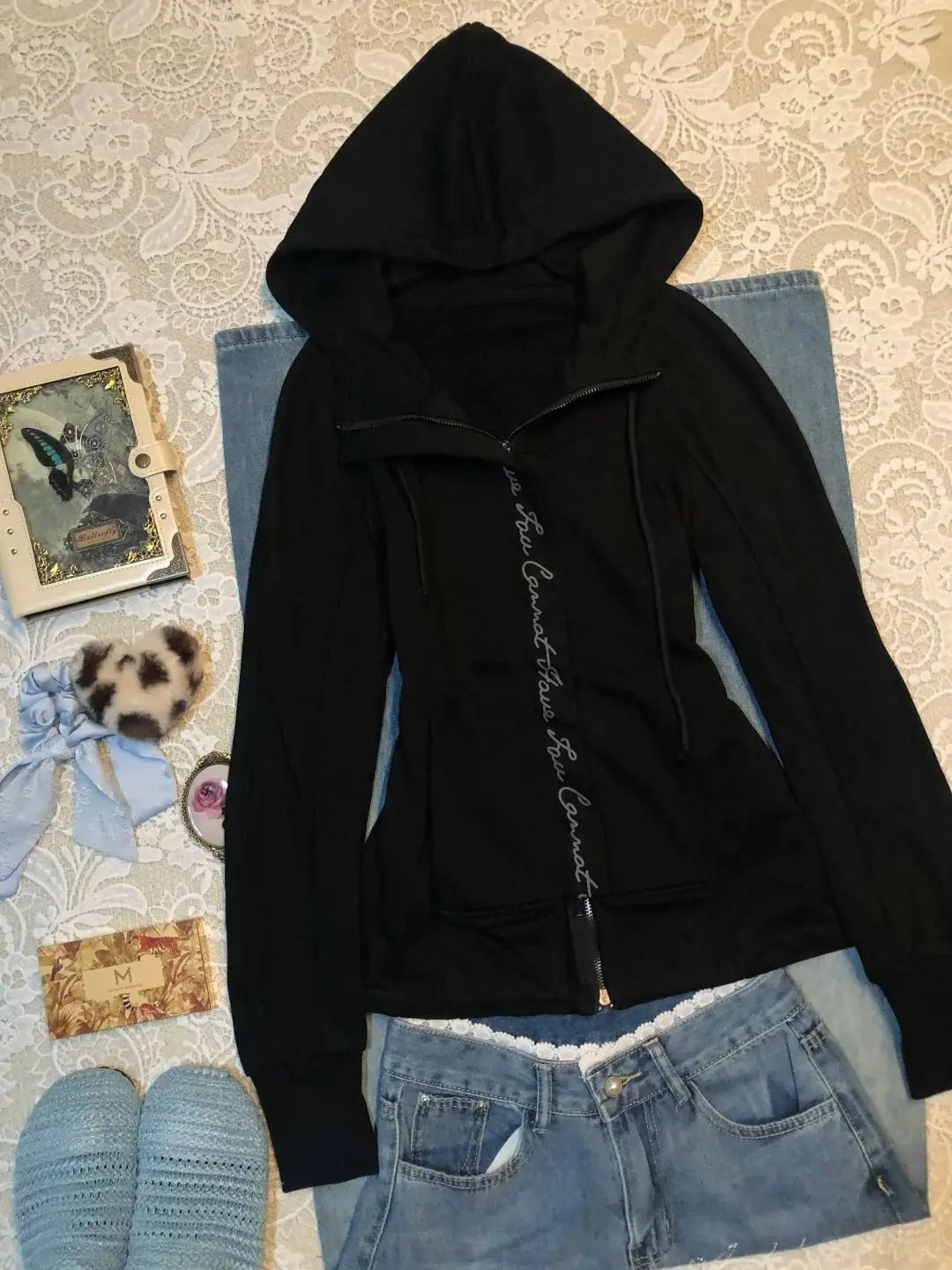 Harajuku Hooded Zip-Up Hoodie – Y2K Goth Punk Winter Jacket
