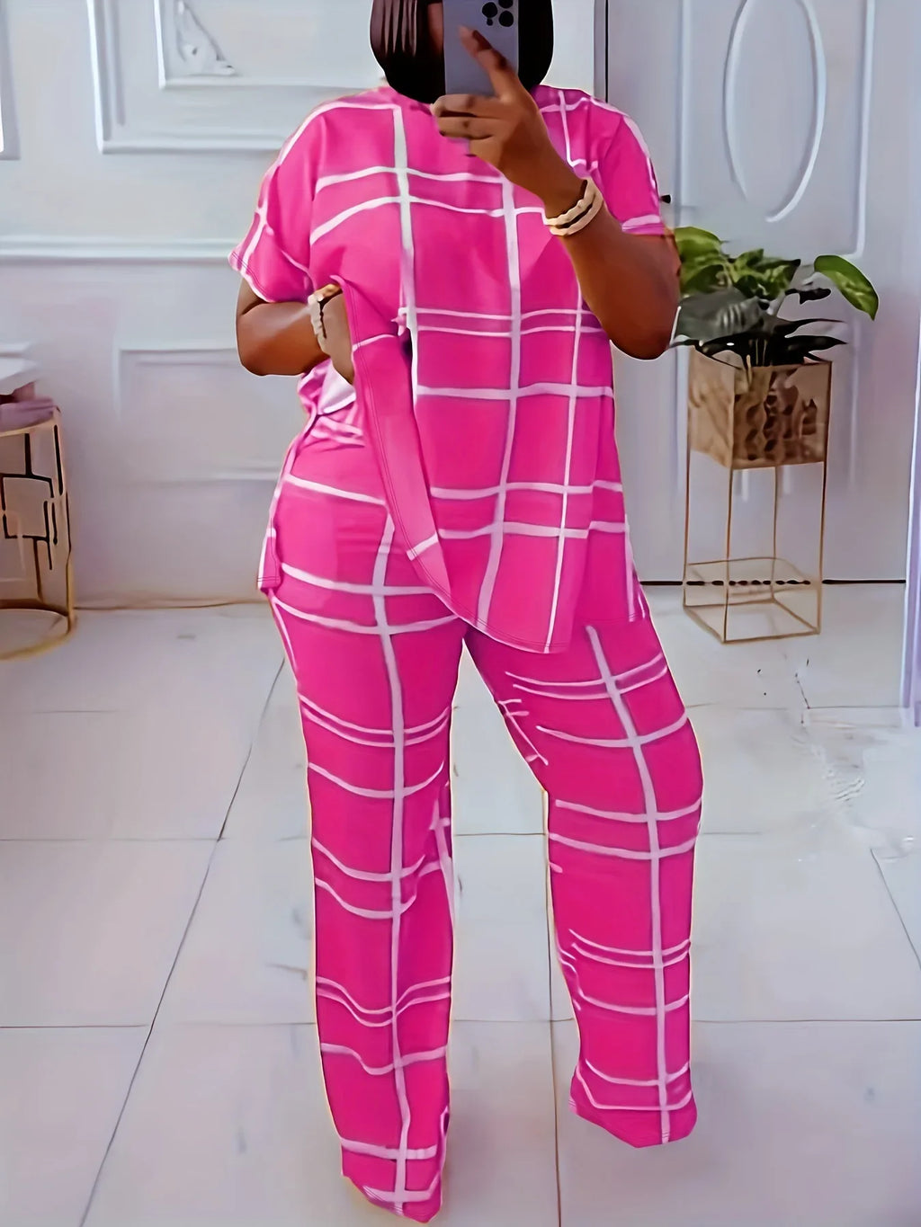 Elements Striped Grid Printed Casual Round Neck  Two Piece Set