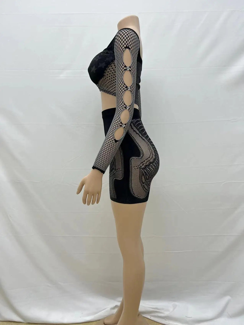 Summer Thin Off SHoulder Full Sleeve Hollow Top+Elastic Matching Shorts Mesh Patchwork 2 Piece Set Sheer New Clubwear