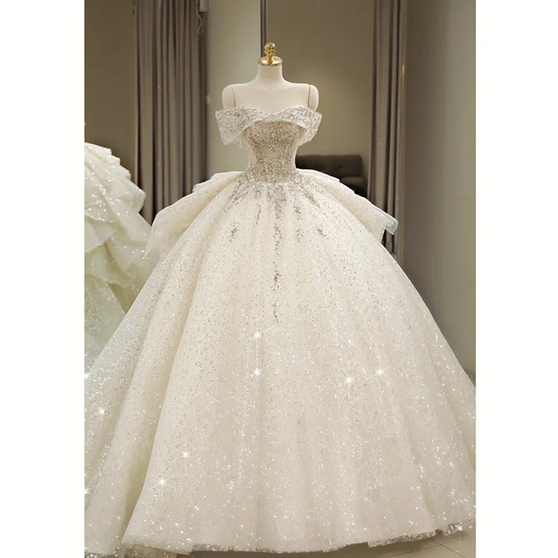 Exquisite White Wedding Dress Boat Neck EDL451