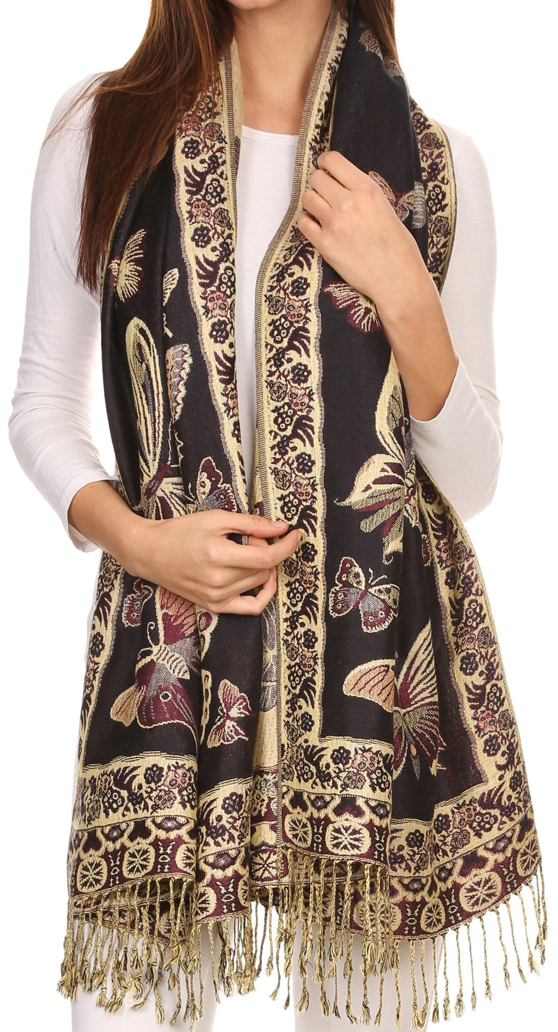 Sakkas Liua Long Wide Woven Patterned Design Multi Colored Pashmina Shawl / Scarf
