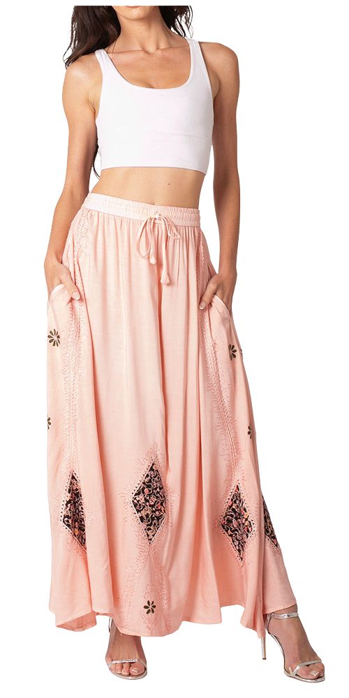 Sakkas Zarah Women's Boho Embroidery Gypsy Skirt with Lace Elastic Waist Pockets