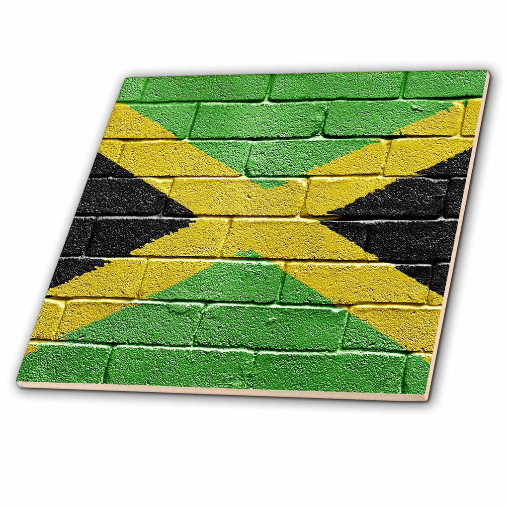 3dRose Carsten Reisinger Illustrations - National flag of Jamaica painted onto a brick wall Jamaican - Tiles (ct_156913)