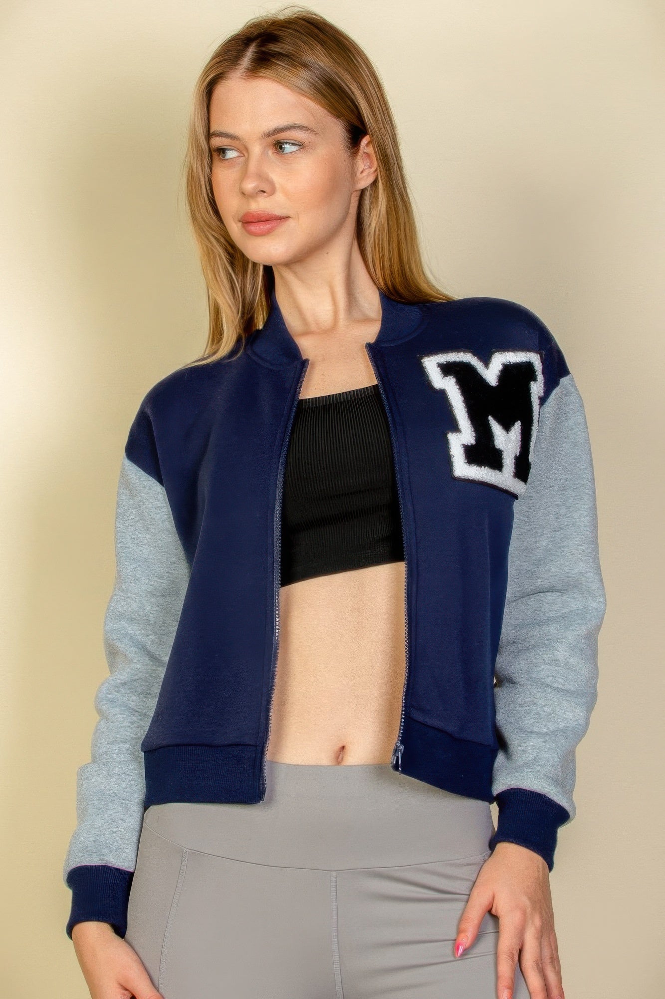 Letter Patched Striped Trim Varsity Jacket See size chart under “more details”