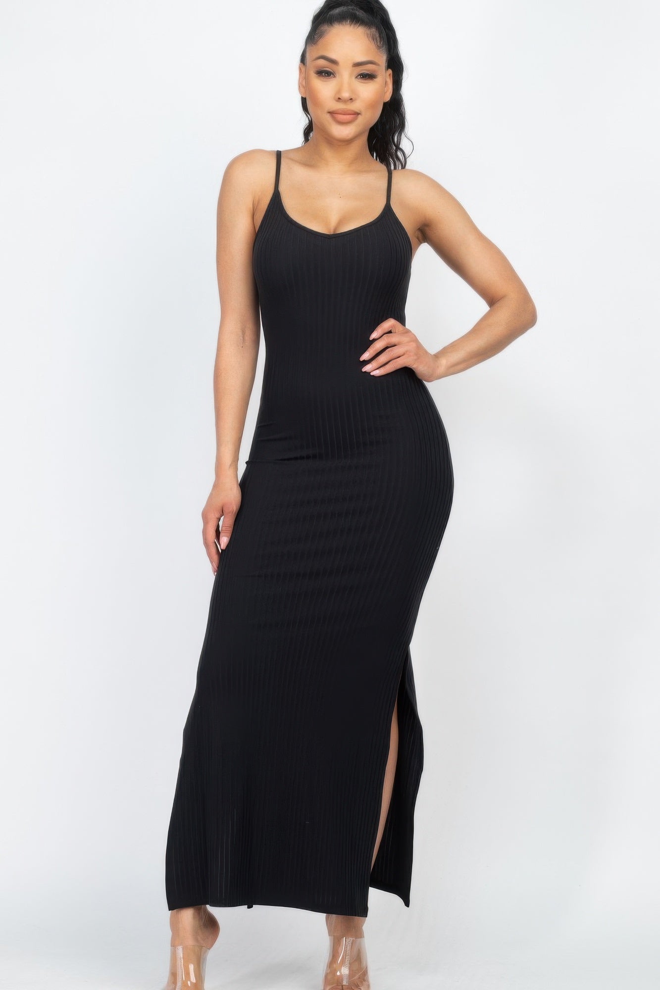 Ribbed Side Slit Long Cami Dress See size chart under “more details”