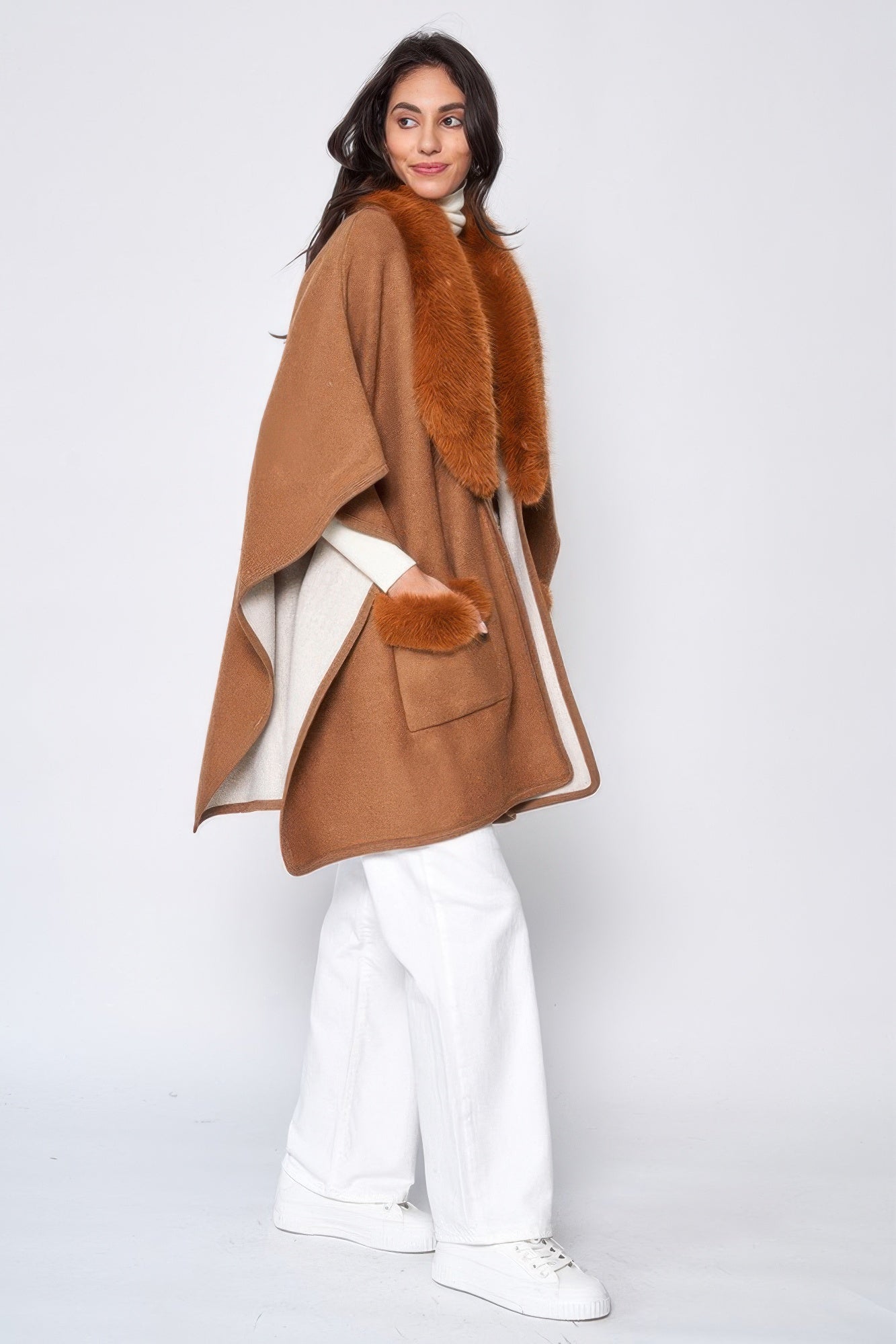 Faux Fur Collar Kimono See size chart under “more details”