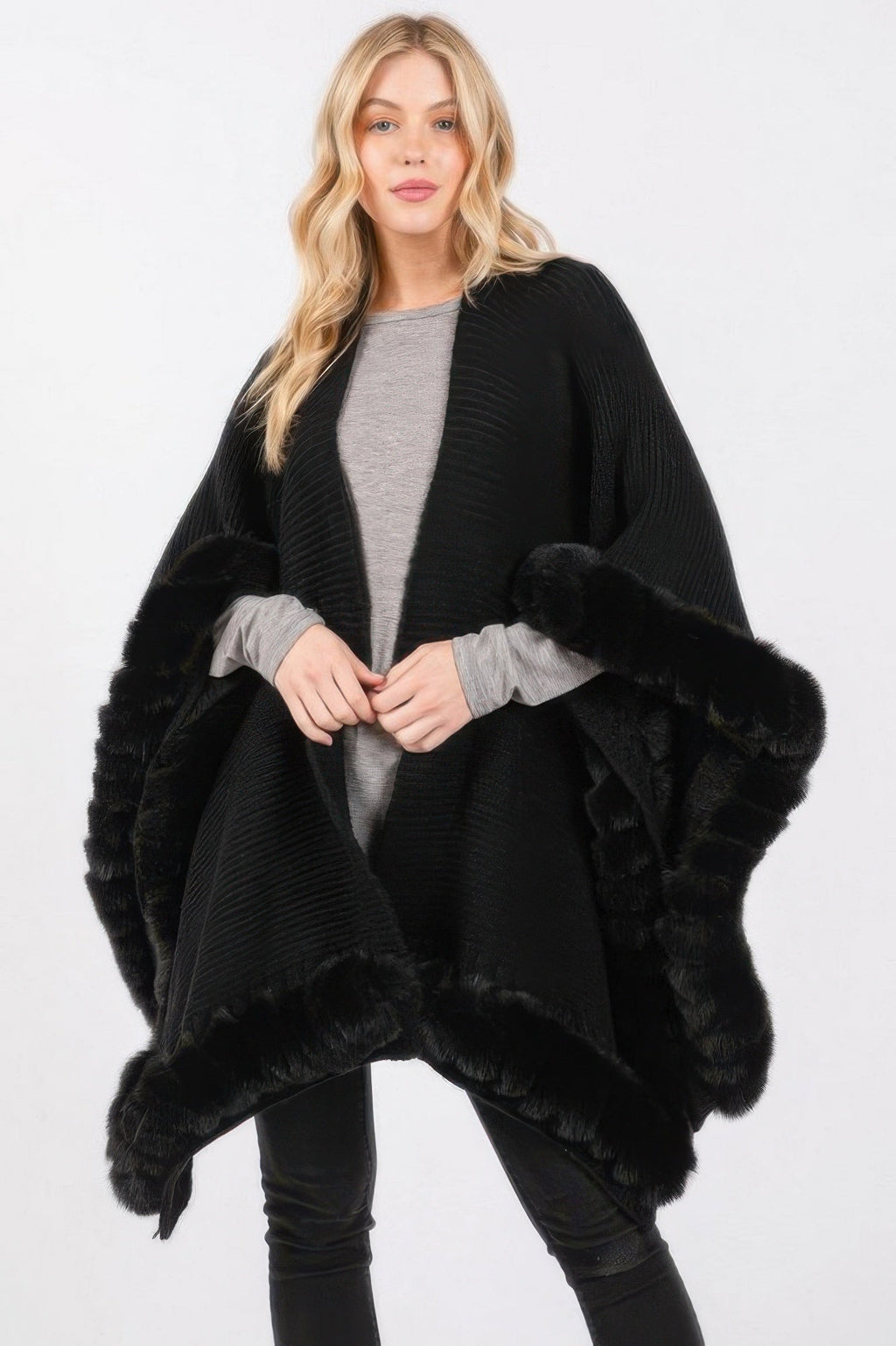Faux Fur Trim Cape With Closure See size chart under “more details”