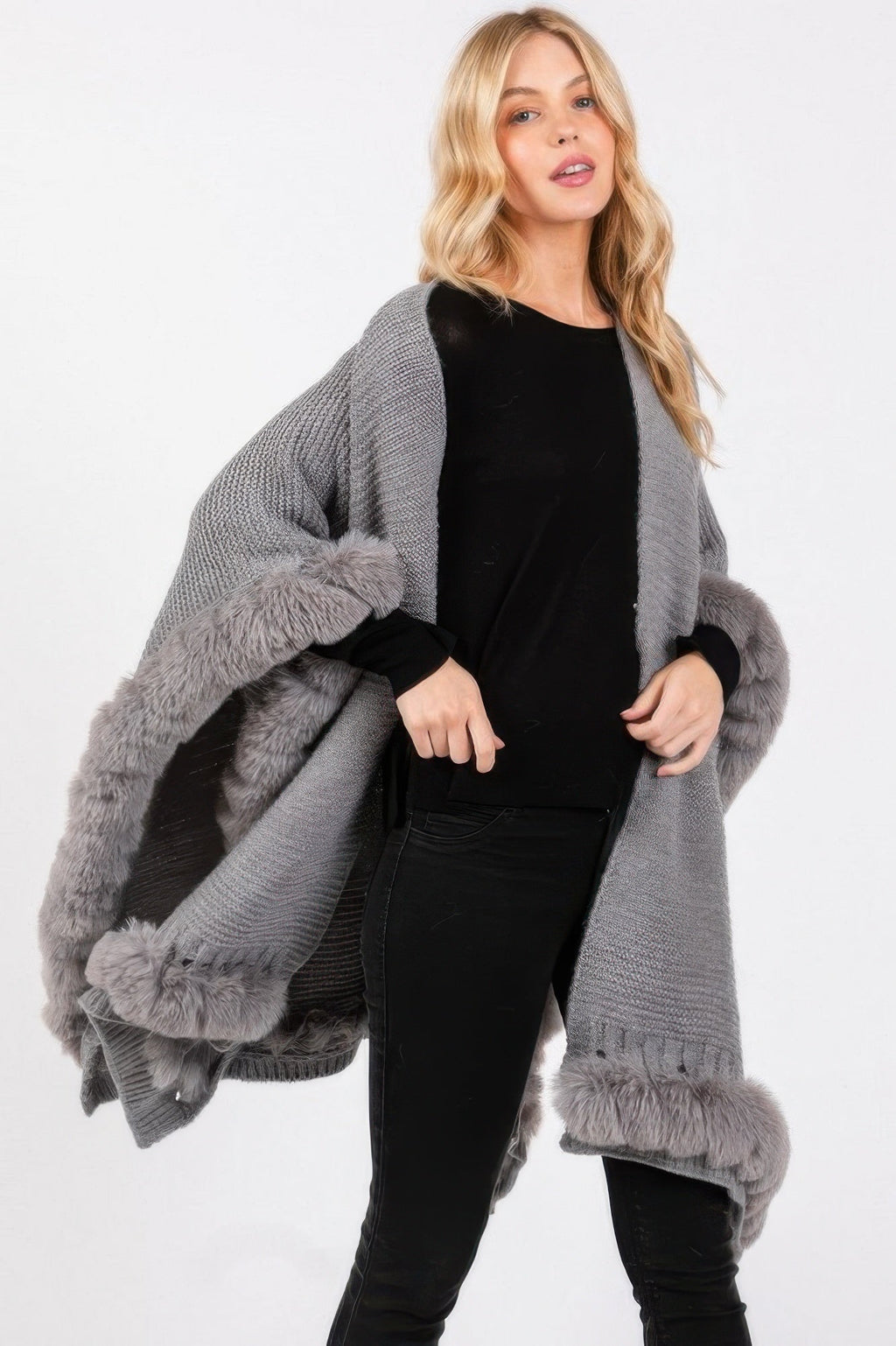 Faux Fur Trim Cape With Closure See size chart under “more details”