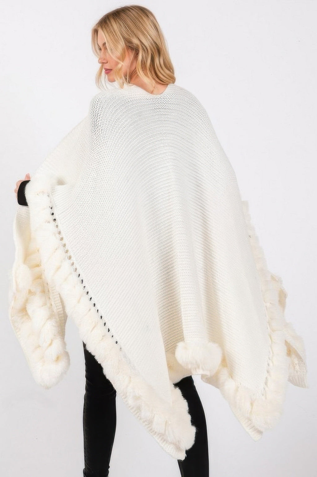 Faux Fur Trim Cape With Closure See size chart under “more details”