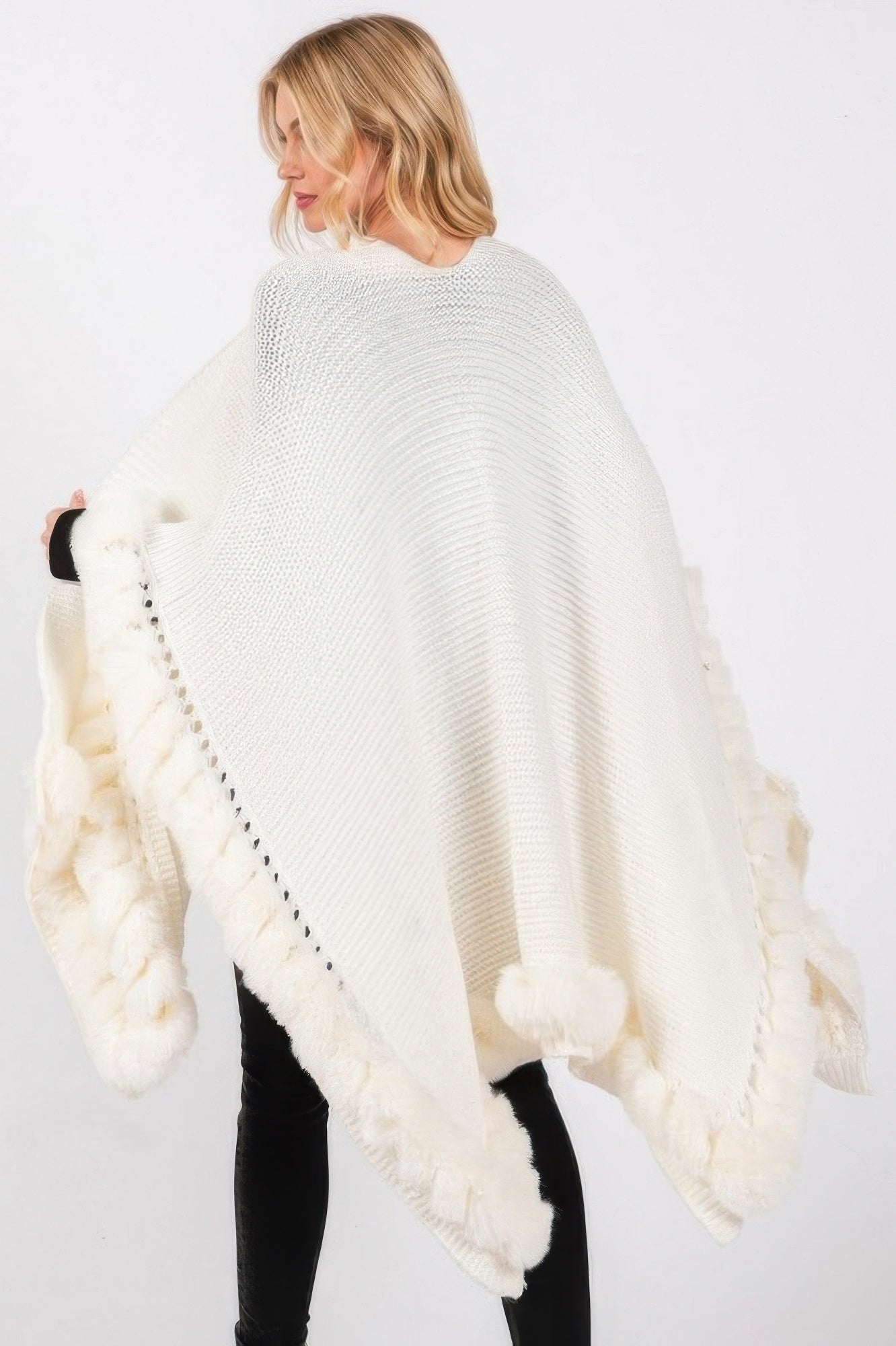 Faux Fur Trim Cape With Closure See size chart under “more details”