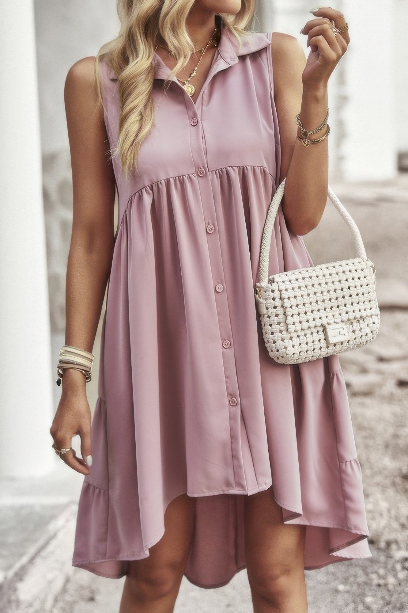 Sleeveless Solid Peplum Shirt Dress See size chart under “more details”