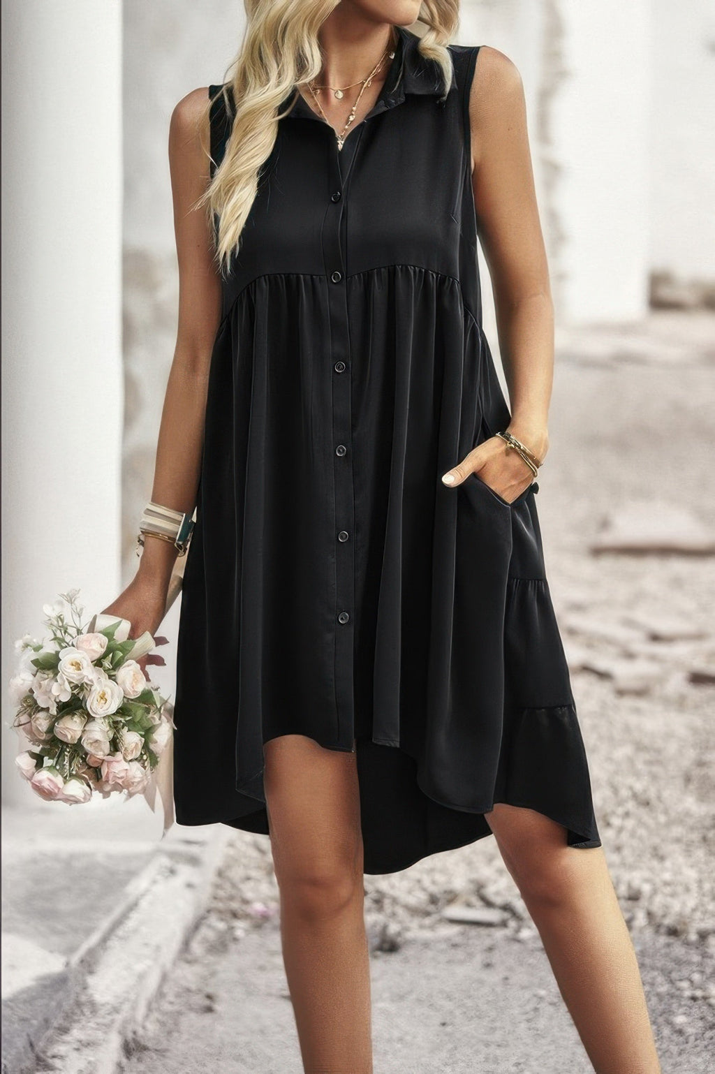 Sleeveless Solid Peplum Shirt Dress See size chart under “more details”