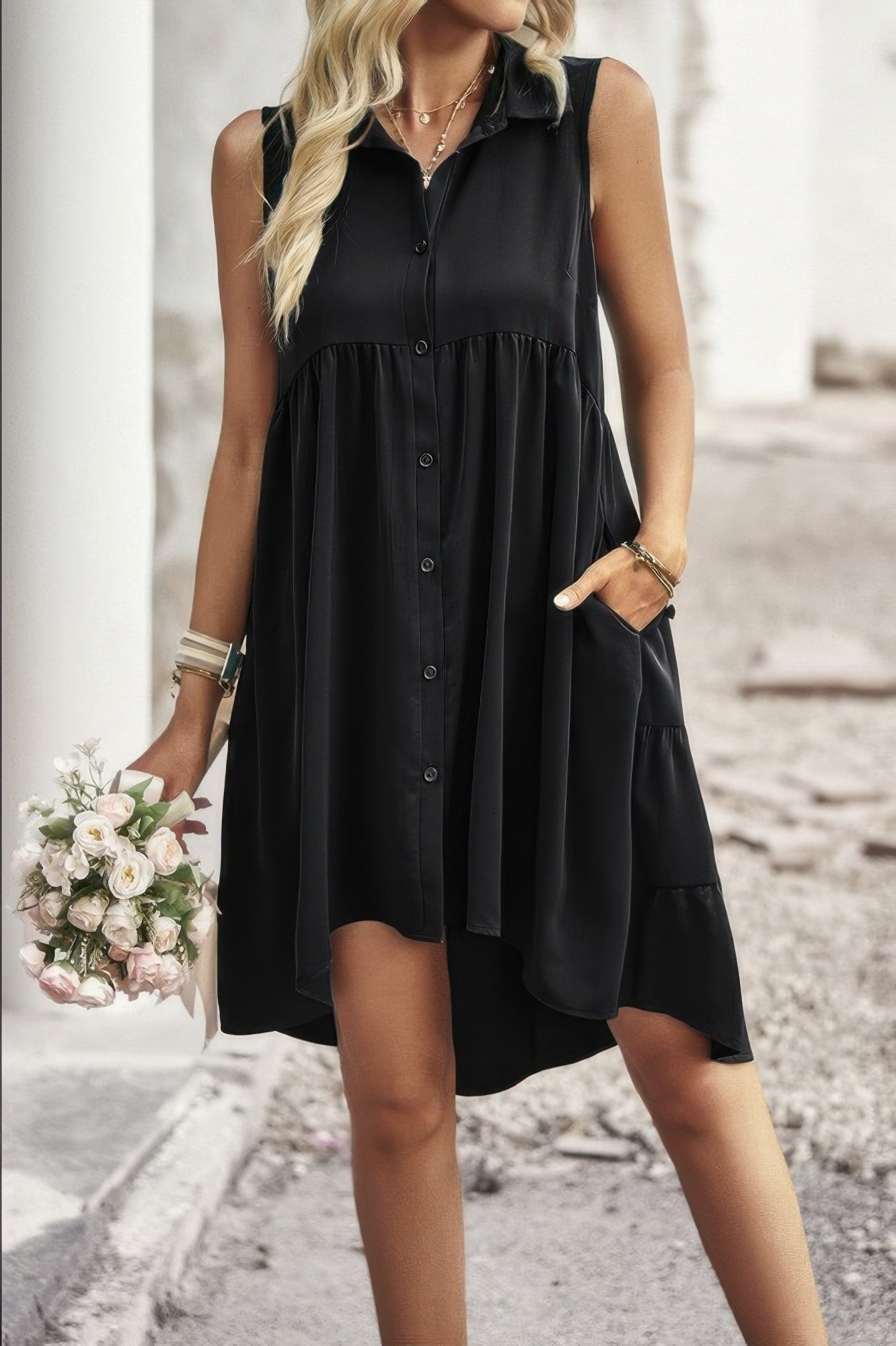 Sleeveless Solid Peplum Shirt Dress See size chart under “more details”