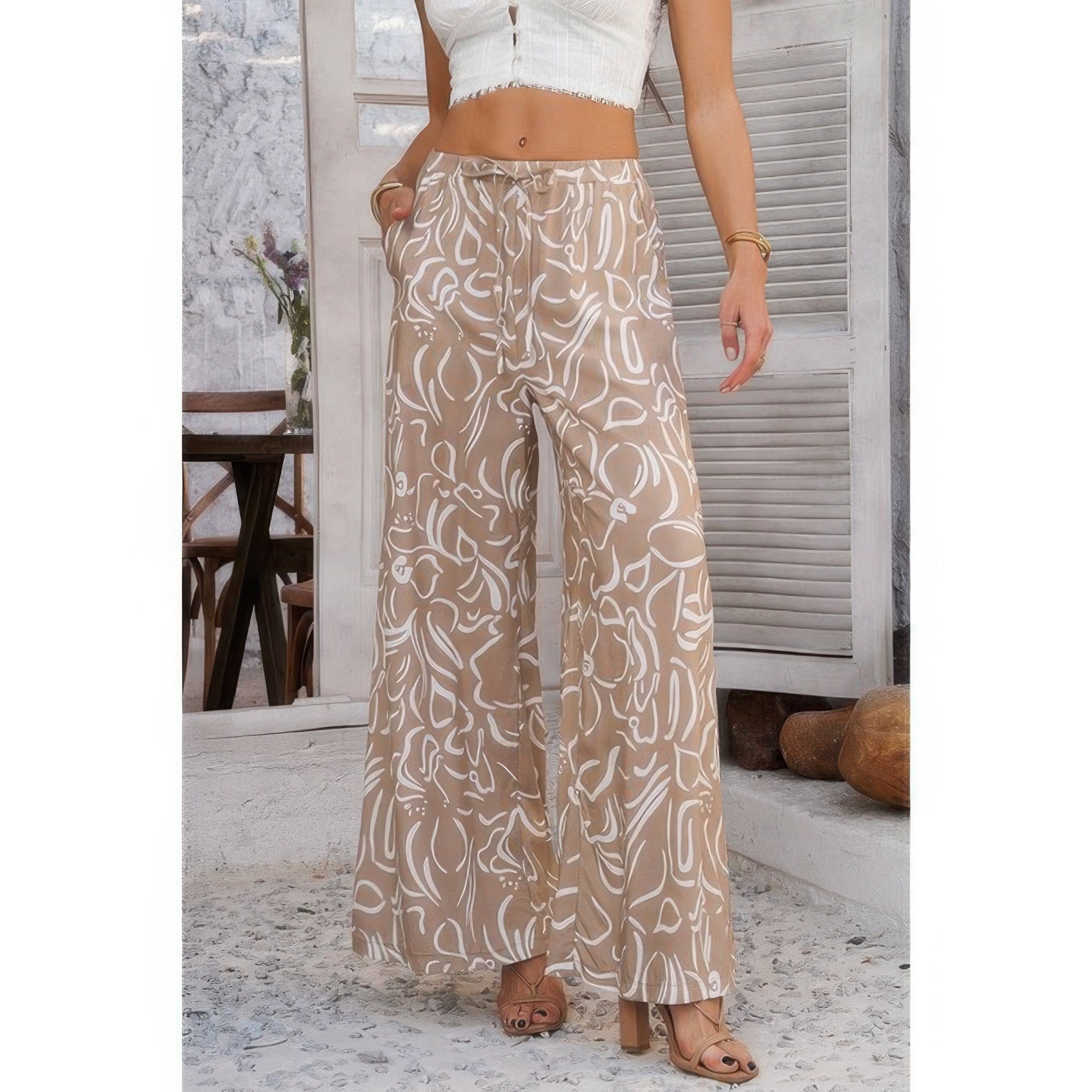 Allover Print Drawstring Pockets Wide Leg Pants See size chart under “more details”