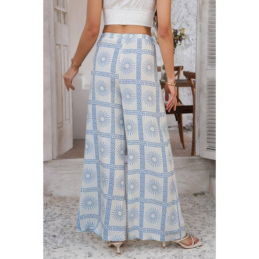 Allover Print Drawstring Pockets Wide Leg Pants See size chart under “more details”