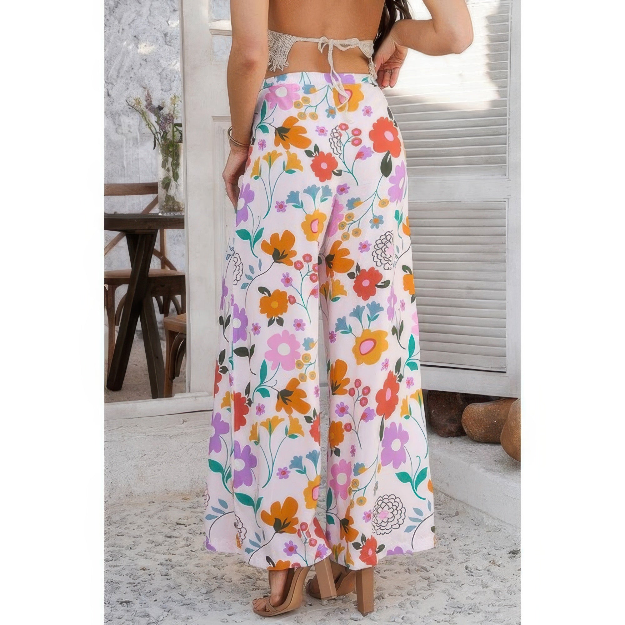 Allover Print Drawstring Pockets Wide Leg Pants See size chart under “more details”