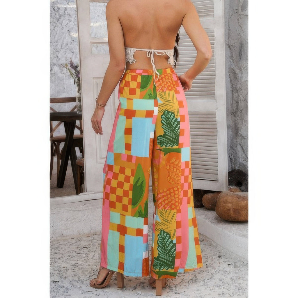 Allover Print Drawstring Pockets Wide Leg Pants See size chart under “more details”