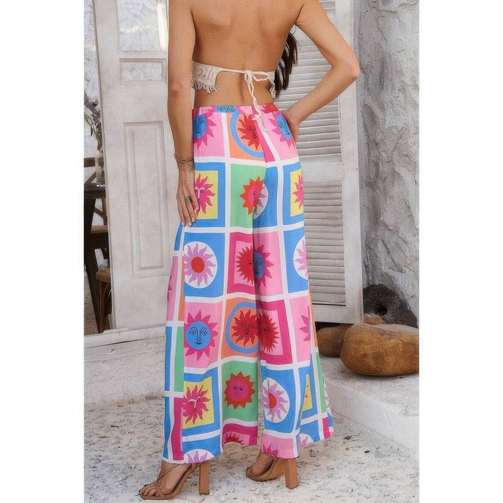 Allover Print Drawstring Pockets Wide Leg Pants See size chart under “more details”