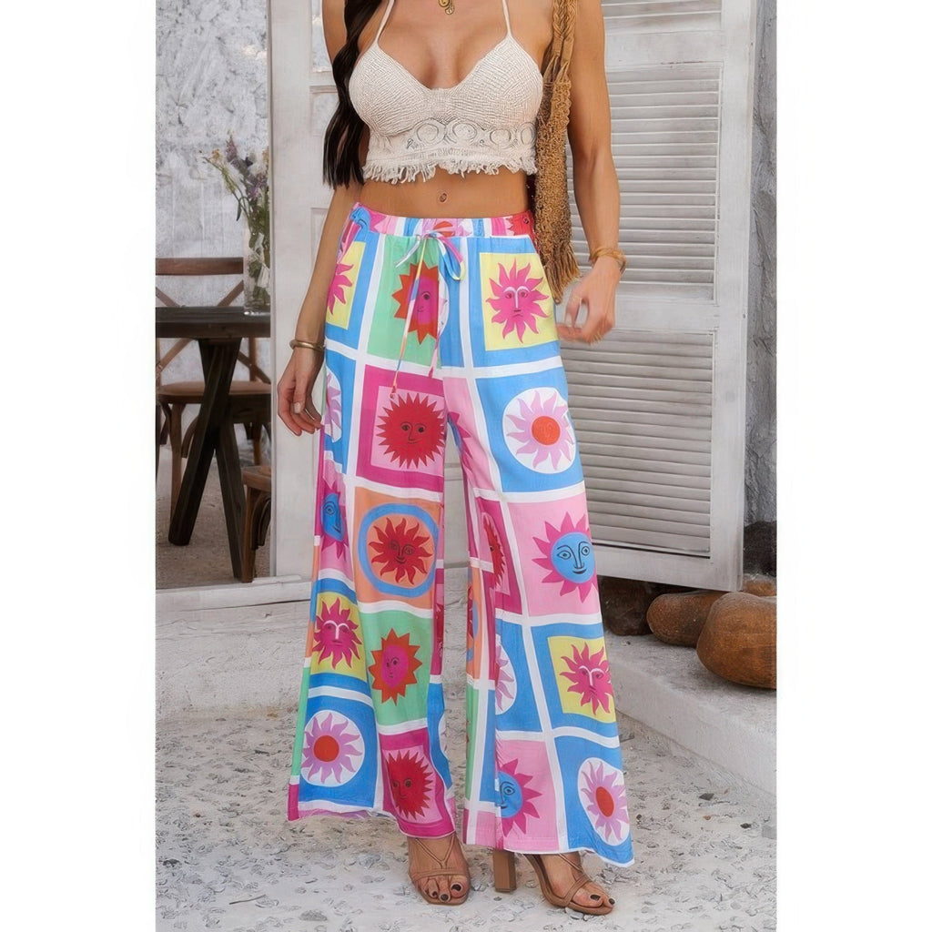 Allover Print Drawstring Pockets Wide Leg Pants See size chart under “more details”