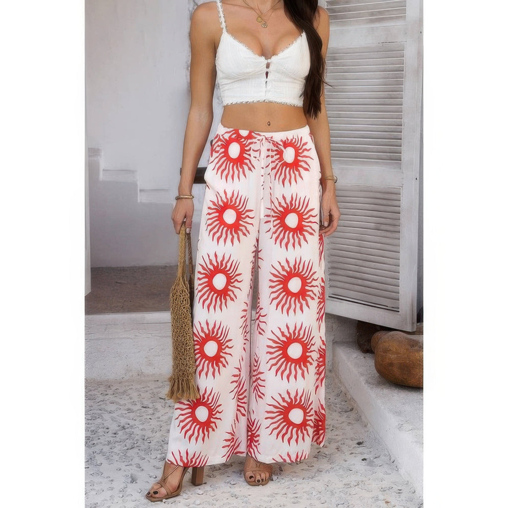 Allover Print Drawstring Pockets Wide Leg Pants See size chart under “more details”