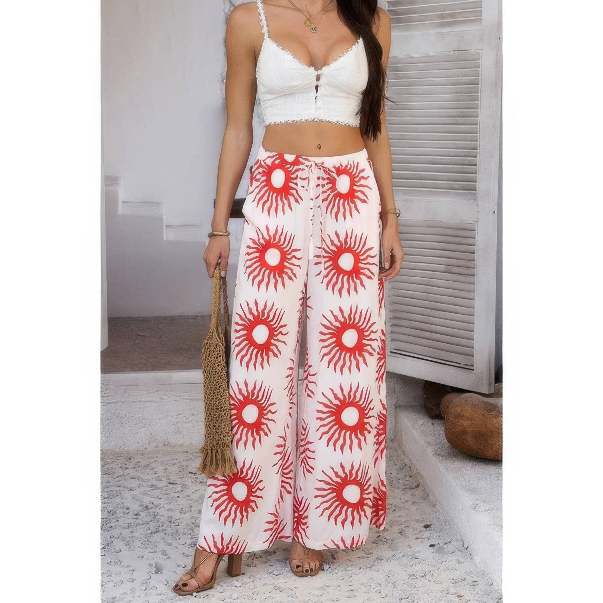 Allover Print Drawstring Pockets Wide Leg Pants See size chart under “more details”
