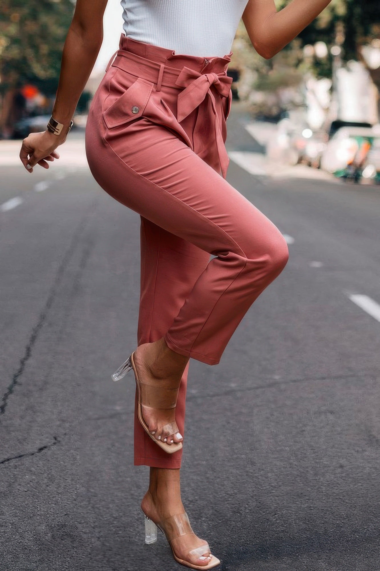 Ruffle Belt Pocket Solid Skinny Pants