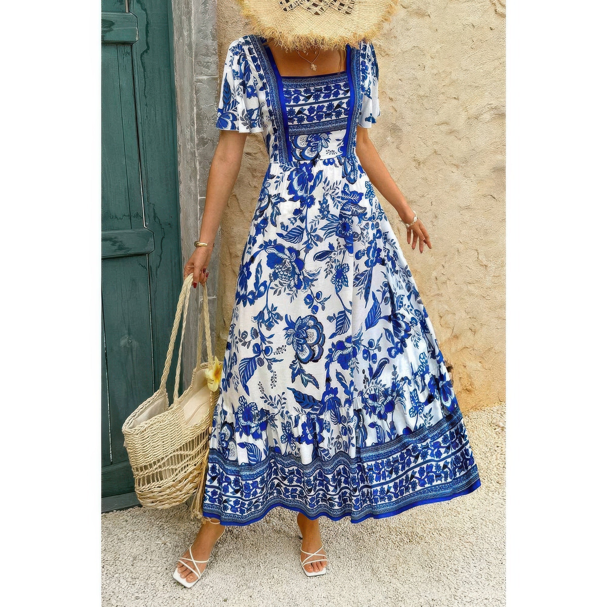 Square Neck Floral Printed Ankle Length A Line Dress