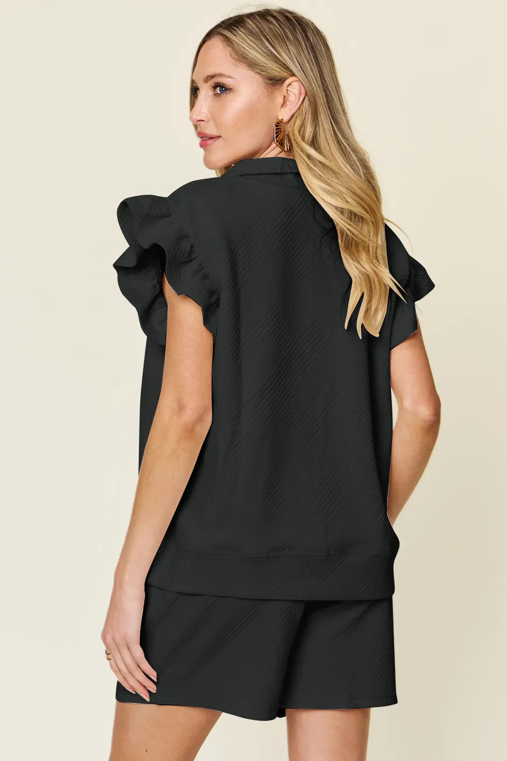 I am a Fashion Junky Full Size Texture Flounce Sleeve Top and Drawstring Shorts Set