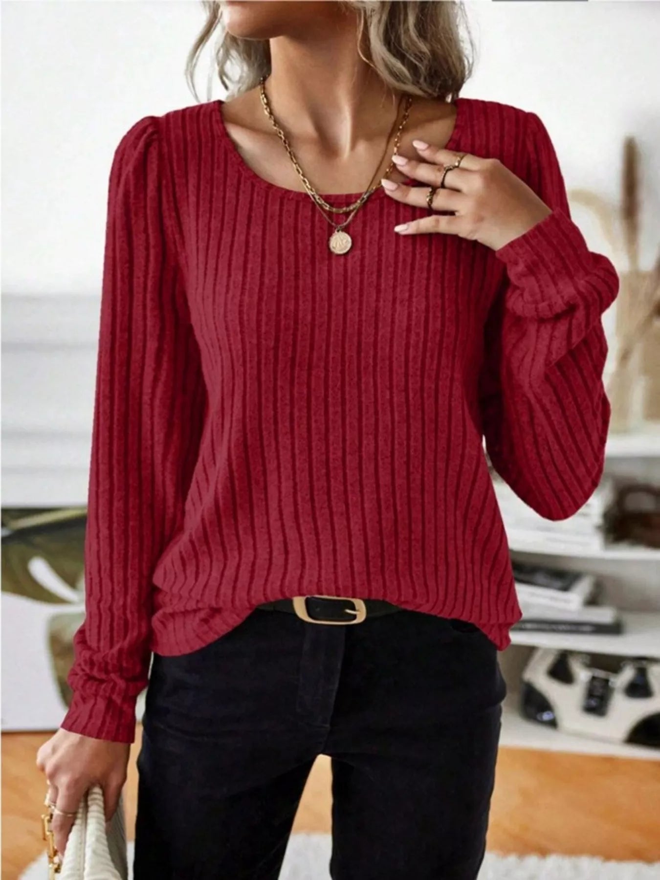 Ribbed Knit Long Sleeve T-Shirt