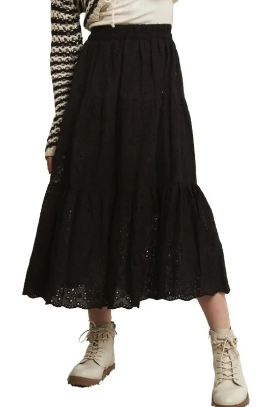 Elastic Waistband Tiered Midi Skirt