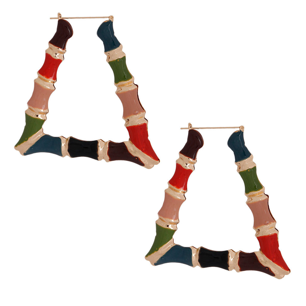 Trendy Multi Color Bamboo Trapezoid Hoop Earrings Statement Jewelry