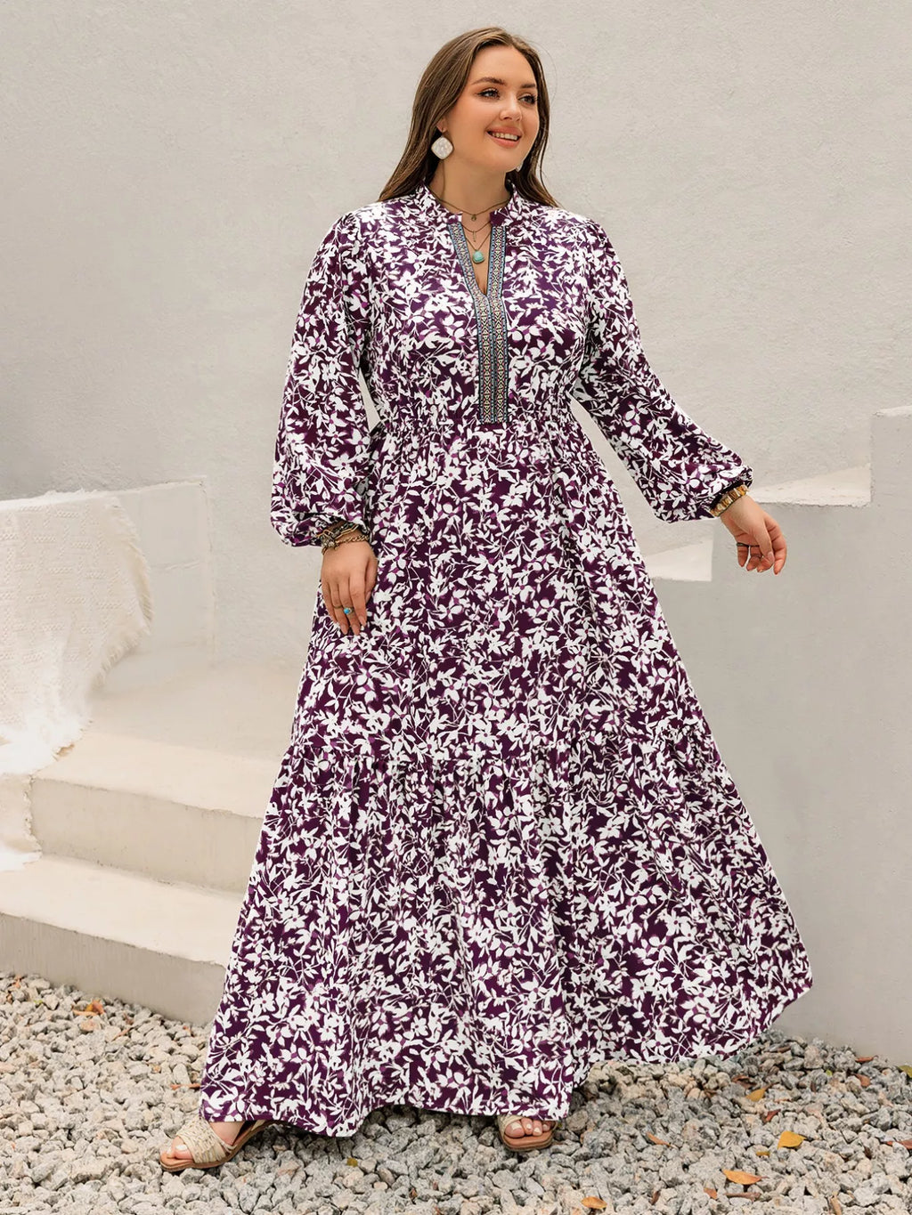 Plus Size Floral Print Maxi Dress with Long Sleeves