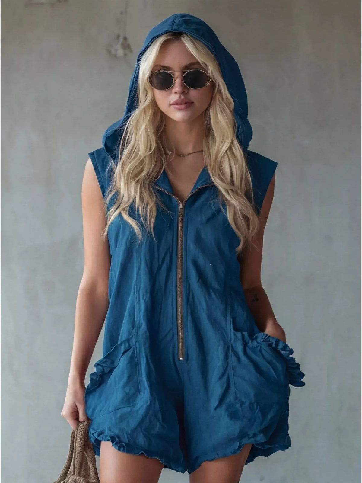 Full Size Hooded Sleeveless Zipper Romper with Ruffled Pockets Plus Size