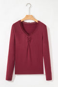 Red Dahlia Lace-trimmed Sweetheart Neckline Ruched Detail Long Sleeve T-shirt