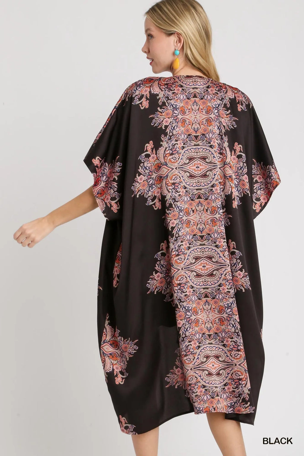 Satin Border Print Short Sleeve Open Front Kimono
