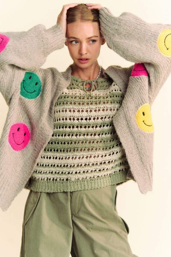 Back To School Sweater - Davi & Dani Fuzzy Smile Open Front Long Sleeve Cardigan