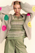 Back To School Sweater - Davi & Dani Fuzzy Smile Open Front Long Sleeve Cardigan
