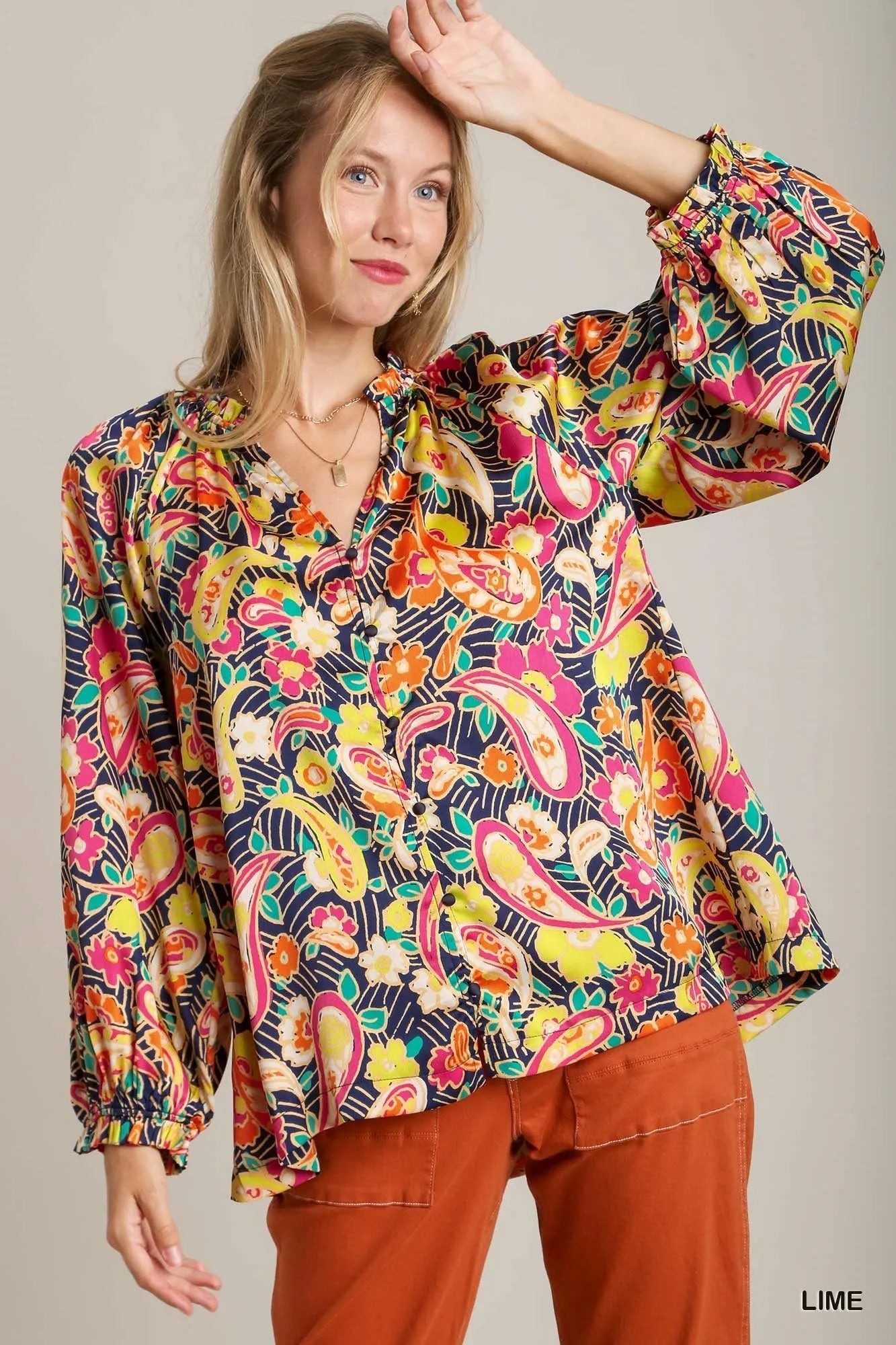 Full Size Satin Paisley Ruffle Neck Button-Up Shirt Plus Size