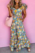 Yellow Floral Allover Print Shirred Cut Out High Waist Jumpsuit