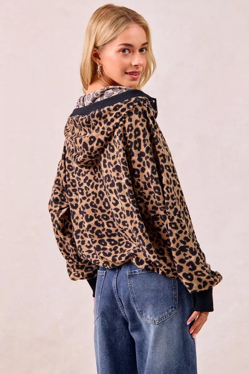 Leopard Print Waffle Half Zip Up Hoodie W Pocket