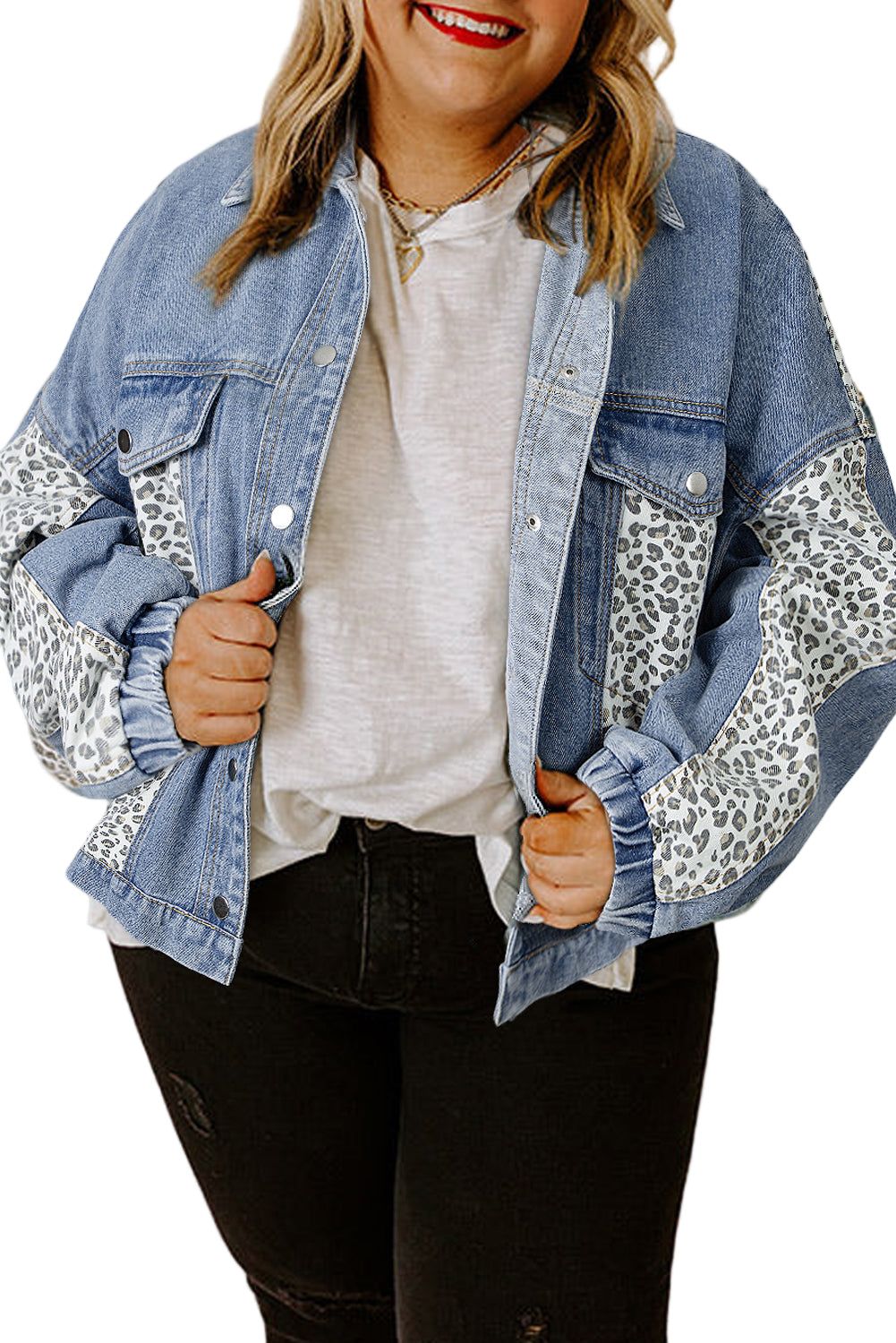 Beau Blue Leopard Patchwork Flap Detail Plus Size Denim Jacket