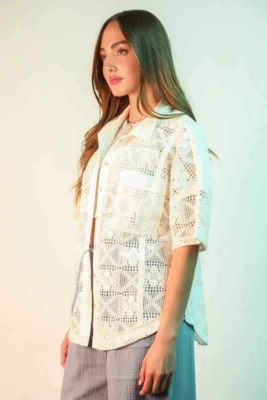 VERY J Plus Size Oversized Crochet Button Down Shirt Top See size chart under “more details”