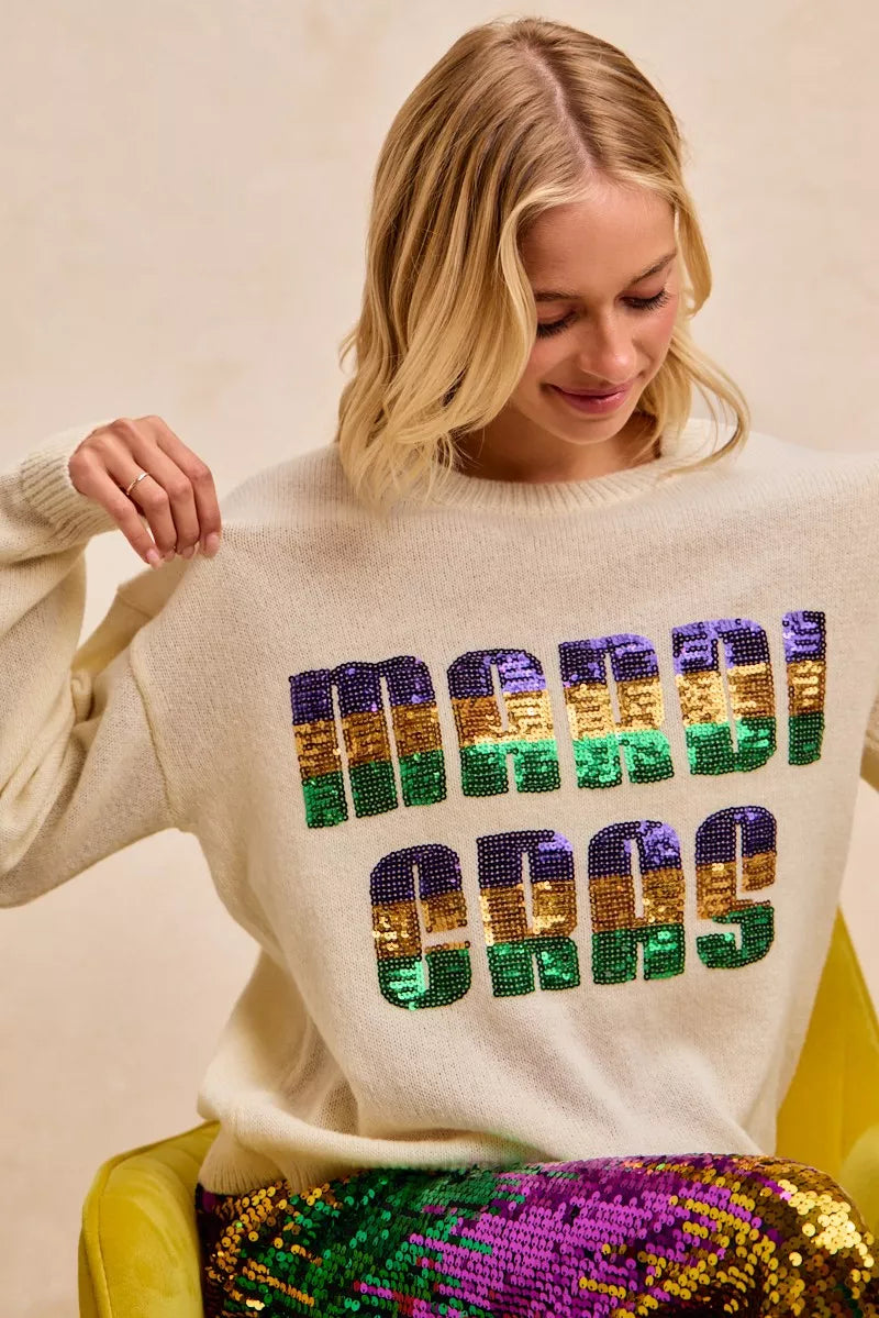 Mardi Gras Sequin Lattering Knit Top