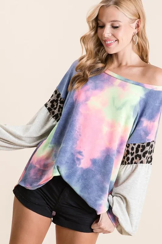 Tie Dye Terry Top with Contrast Puff Sleeves