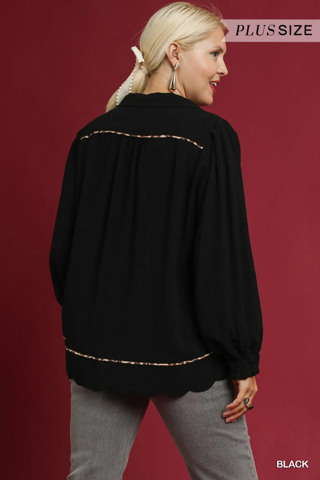 Full Size Linen Scallop Hem Blouse with Contrast Trim Plus Size