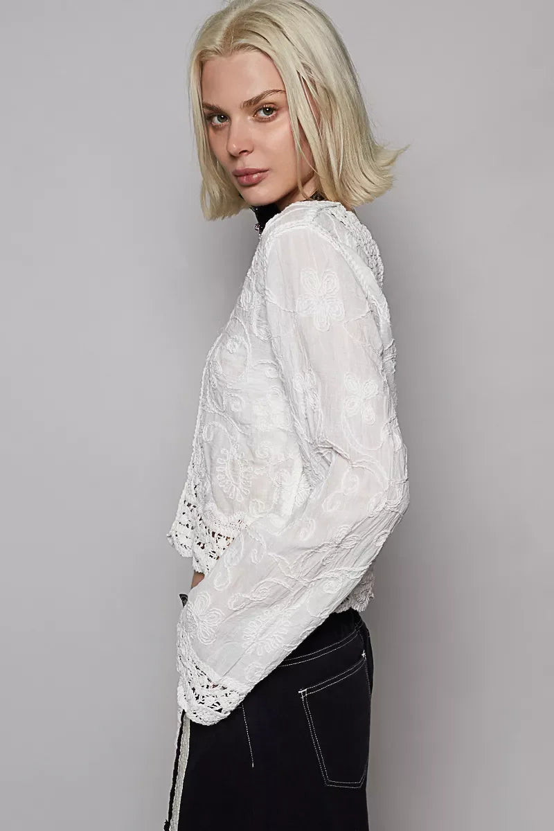 POL Long Sleeve Cropped Crochet Top with Floral Embroidery Detail