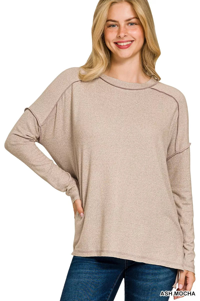 Zenana Full Size Melange Hacci Exposed Seam Hi-low Tee Plus Size